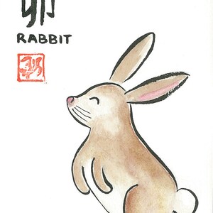 Chinesisches Sternzeichen Kaninchen (Hase) Original Aquarell & Tuschemalerei