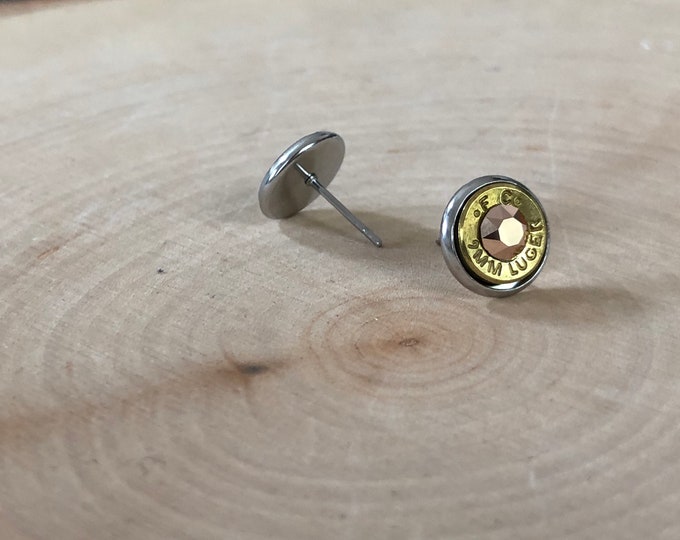 9mm rose gold brass bullet earrings, stainless steel studs