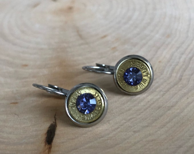 9mm brass bullet earrings, stainless steel lever backs, light purple swarovski crystals