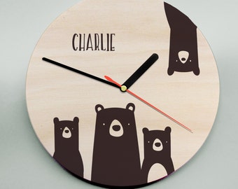 Unique Personalised Clock / Childs Clock / Nursery Clock / Bears / Wooden Wall Clock  / Kids Room Clock / Cute Clock