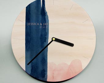 Custom family clock - this modern wooden clock serves as a great wedding or 5th anniversary gift. Personalized with your unique details!