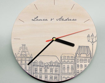 Handmade Clock / Wedding Clock / Paris Clock / Illustrated Clock / Drawing Clock / Unique Clock