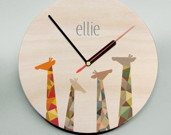 Personalised Wooden Clock / Personalized Clock / Unique Clock / Geometric Giraffes / Nursery Clock / Kids Clock