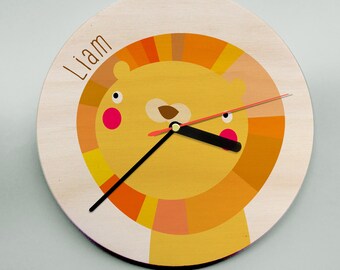 Nursery Wall Clock - large lion featured on a wooden wall clock - perfect for the nursery or as a personalised birth present!