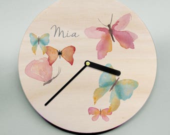 Girls Clock / Butterflies / Wooden Clock / Personalised Clock / Pastel Clock / Pretty Clock / Unique Clock / Personalized Clock / Name Clock