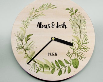 Modern wooden clock - personalized wall clock featuring leaf wreath. Modern, personalized gift for weddings, engagements or any occasion!