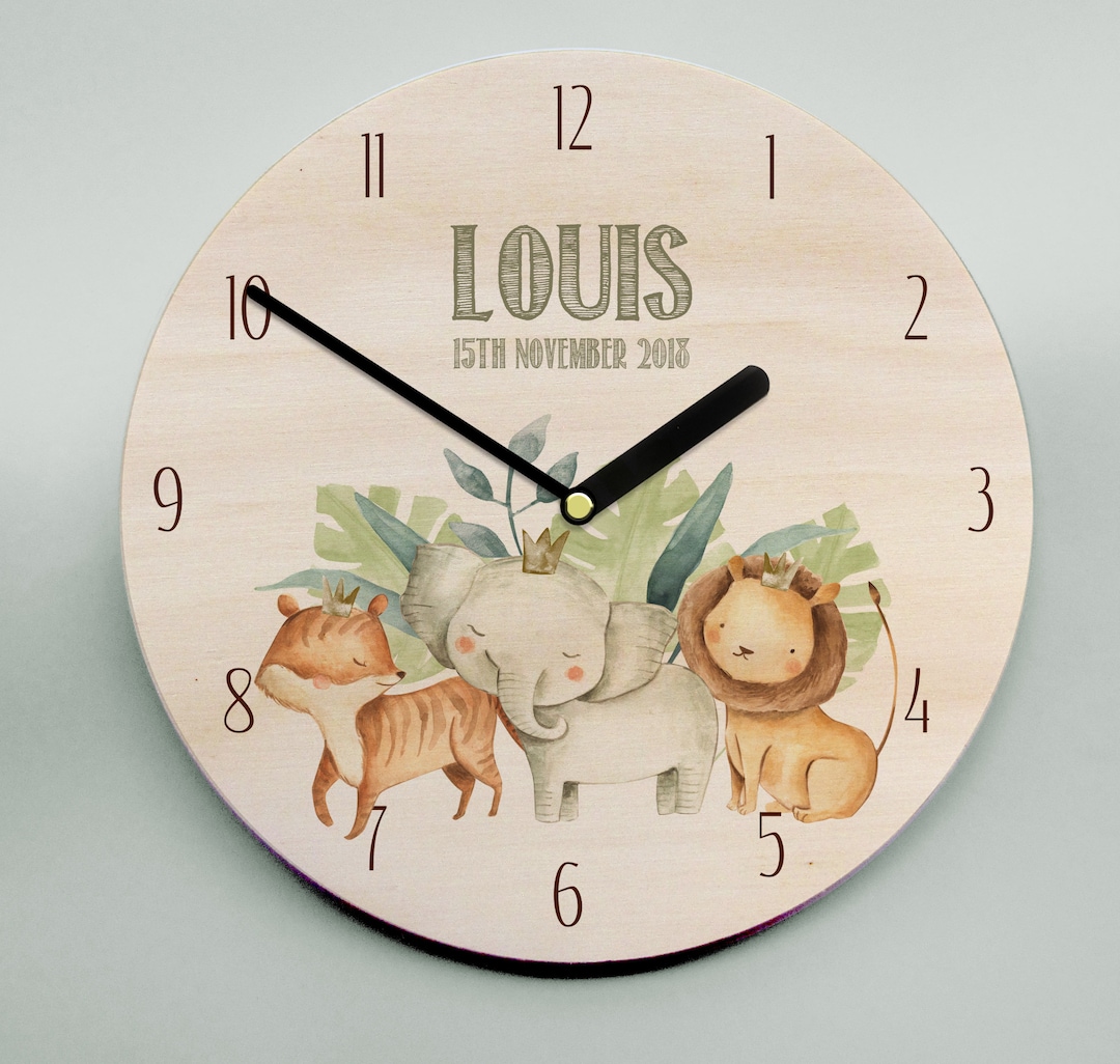 Nursery Clock Jungle Themed Animals Can Be Personalised to Include the ...