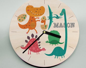 Childs clock - personalized wooden clock featuring colorful dinosaurs!  Available in two sizes with an optional matching gift card.