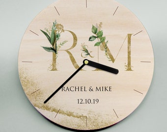 5th anniversary clock - this modern monogram wooden clock is perfect for couples, engagement, anniversary, housewarming  and wedding gift.