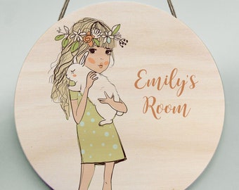 Hanging wooden name plaque - sweet little girls name plate customised to your own child's name and details. Perfect as a thoughtful present!