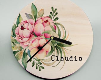 Modern Wall Clock - tropical bouquet of flowers on wood. Choose from three designs available in two sizes - personalized with name/s.