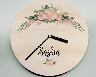 Trending now - wooden clock with watercolour florals and personalised /personalized names. Choose numbers or dashes, large or small size.