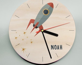 Wooden personalised child's clock - space rocket with flames and stars in a choice of two sizes - perfect customised boys gift!