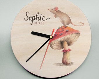 Mouse Clock / Toadstool Clock / Personalised Clock / Unique Clock / Nursery Clock / Wooden Clock / Illustrated Clock / Cute Clock