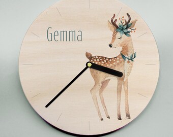 Wooden Clock - sweet deer on personalised name clock - choose numbers or dashes and size. Perfect keepsake gift for newborn or nursery wall.