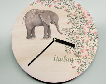 Nursery wall clock personalized with child's name and birthdate - watercolour elephant sneezing flowers!