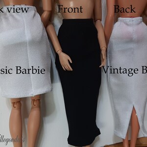 May include: Back and front views of two white skirts for dolls, one with a slit in the back, and a black skirt for a doll. The text "Classic Barbie" is below the white skirt on the left and "Vintage Barbie" is below the white skirt on the right.