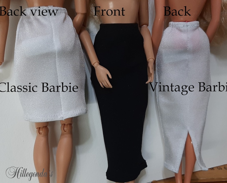 May include: Back and front views of two white skirts for dolls, one with a slit in the back, and a black skirt for a doll. The text "Classic Barbie" is below the white skirt on the left and "Vintage Barbie" is below the white skirt on the right.