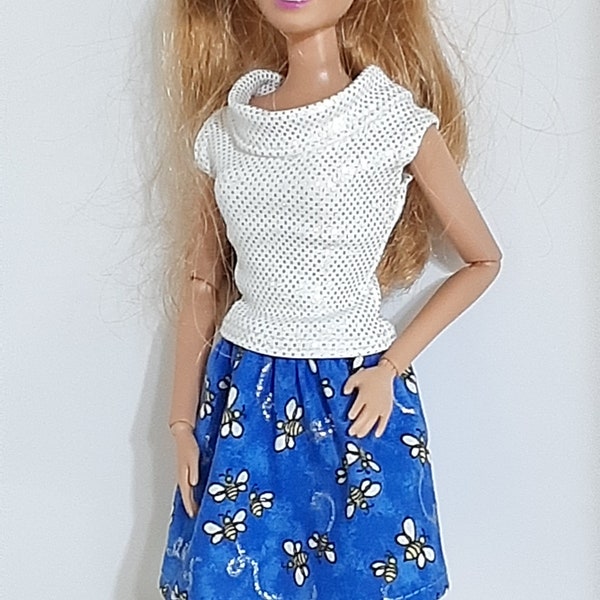 Sparkling white broad collar tank top with bee-print skirt -  for 11.5" fashion dolls