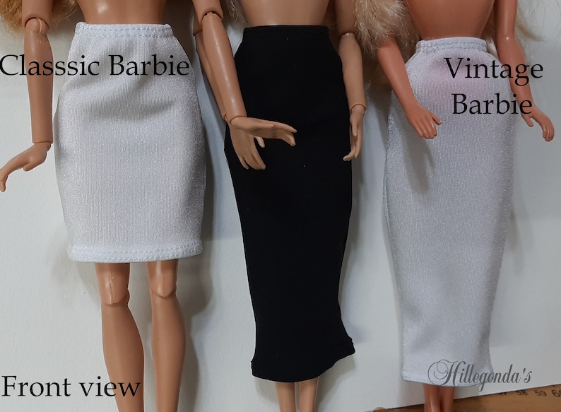 May include: Three Barbie dolls wearing different skirts. The doll on the left is wearing a white skirt, the middle doll is wearing a black skirt, and the doll on the right is wearing a white skirt. The dolls are standing on a white background. The text "Classic Barbie" is above the left doll, "Vintage Barbie" is above the right doll, and "Front view" is below the dolls.