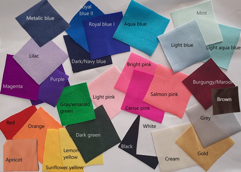 May include: A color chart with 20 fabric swatches in various colors, including red, orange, yellow, green, blue, purple, pink, brown, black, white, grey, and cream. The swatches are labeled with the color names.