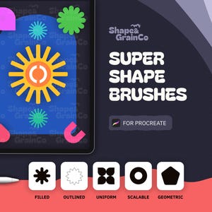 Może przedstawiać: Cyfrowa grafika dla pędzli Shape & GrainCo Super Shape Brushes do programu Procreate. Obraz przedstawia ekran tabletu z niebieskim tłem, żółtą ikoną słońca i różnymi kolorowymi kształtami oraz pięcioma białymi kwadratowymi ikonami stylów pędzli.