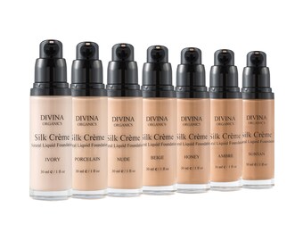 SILK CREME Natural Liquid Foundation, in 7 shades, with Vitamin E and Jojoba oil, Acne safe, Vegan, Cruelty-free