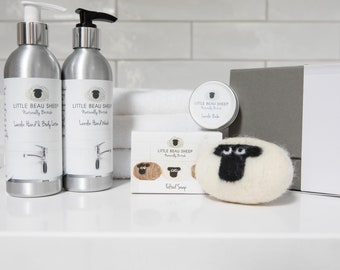 The Body Care Gift Set, beautifully presented in a box containing a Suffolk felted soap, lanolin Hand Wash, Body Lotion and Balm