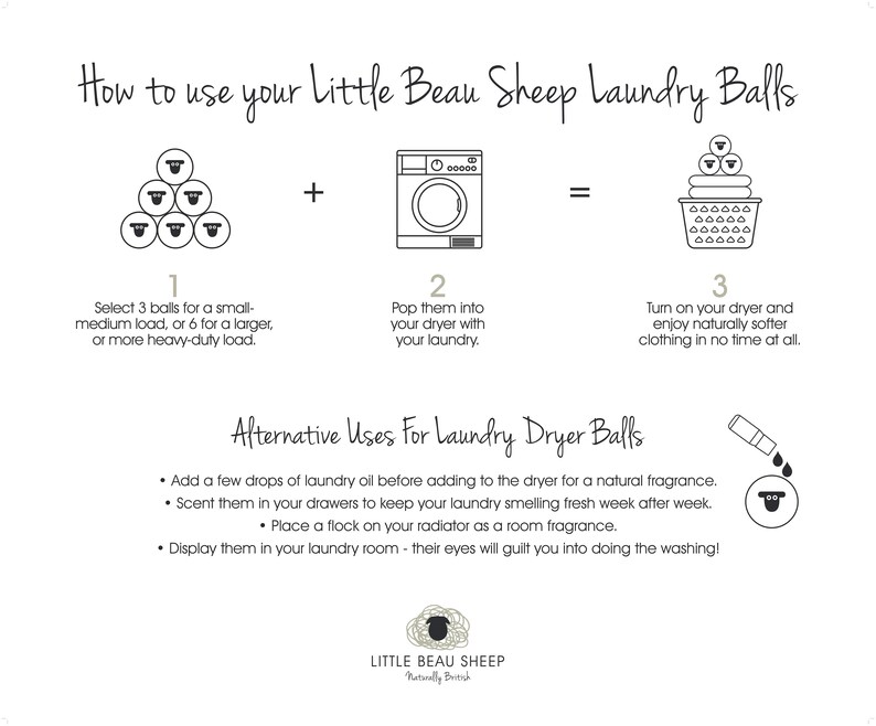 Puede incluir: Una ilustraci&oacute;n en blanco y negro que muestra c&oacute;mo usar las bolas de lavado Little Beau Sheep. La ilustraci&oacute;n muestra tres pasos: 1. Selecciona 3 bolas para una carga peque&ntilde;a o mediana, o 6 para una carga m&aacute;s grande o una carga pesada. 2. M&eacute;telas en tu secadora con tu ropa. 3. Enciende tu secadora y disfruta de ropa naturalmente m&aacute;s suave en poco tiempo. La ilustraci&oacute;n tambi&eacute;n muestra usos alternativos para las bolas de lavado, como agregar unas gotas de aceite de lavander&iacute;a antes de agregarlas a la secadora para obtener una fragancia natural, perfumar tus cajones para mantener tu ropa con un olor fresco semana tras semana, colocar una bandada en tu radiador como ambientador, y exhibirlas en tu cuarto de lavado.