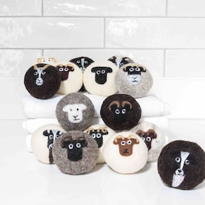 Wool dryer balls collectors edition: 14 different sheep breeds plus sheep dog, reusable, chemical free, natural fabric softener.