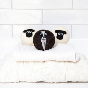 Wool dryer balls, Sheep dog mix - 2 x Suffolk sheep and 1 x sheep dog felted laundry balls, reusable, natural fabric softener