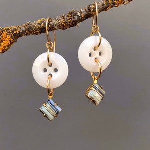 Vintage White Milk Glass Button Earrings with Multi Color Square Glass Drops on Bronze Ear Wires MGE677
