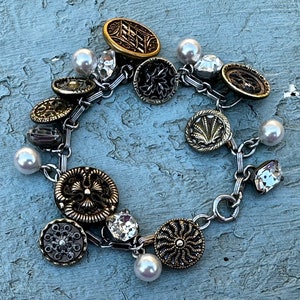 Antique Mixed Metal Button Bracelet with Twinkle, Rhinestone and White Pearl Buttons on Sterling Silver Chain MMB30