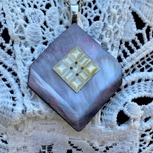Antique Silver Smoky and White Mother of Pearl Pendant Necklace MPN989