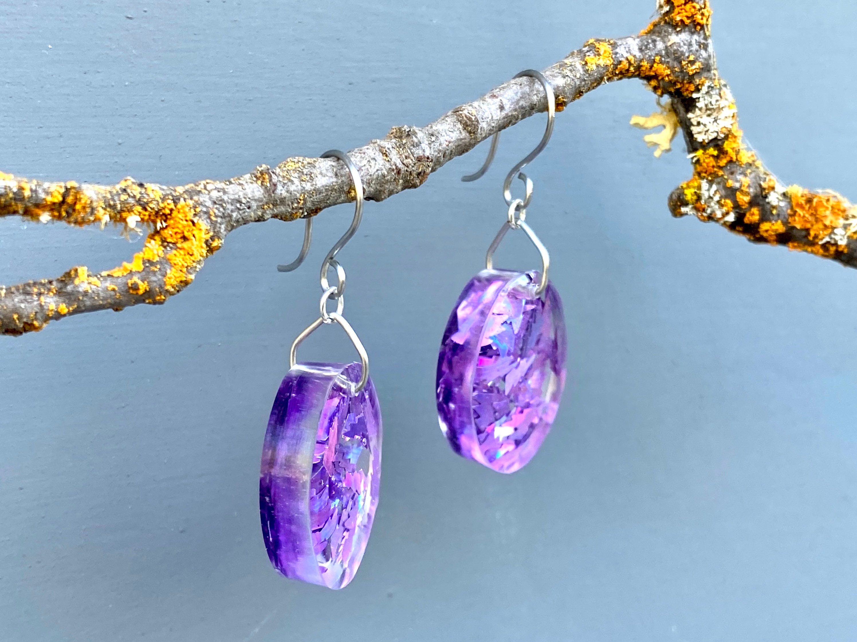 Clear Resin Oval Earrings With Purple Glitter and Stainless