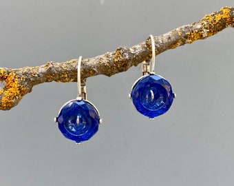 Antique Blue Glass Button Earrings with Silver Wire "Thread" on Antique Silver Lever Back Ear Wires BGE721