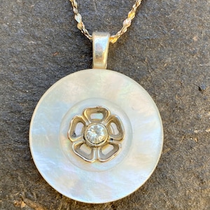 Vintage Mother of Pearl Button Pendant Necklace on Sterling Silver Chain MPN851
