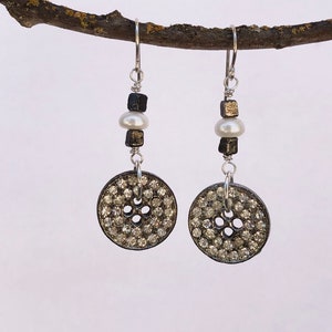 Vintage Crystal Rhinestone Button Earrings, Antique Rustic Metal Buttons, Natural Fresh Water Pearls, Silver Upcycled Button SRE457