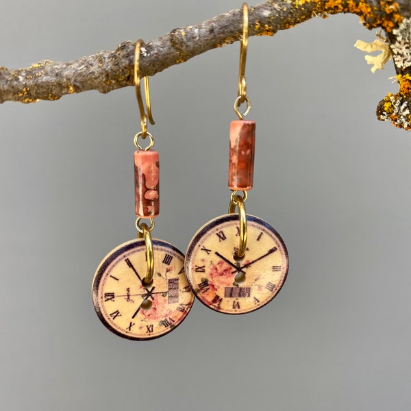 Vintage Wood Clock Button Earrings with Marbleized Salmon Tube Beads and Hand Made Brass French Hook Ear Wires WBE651