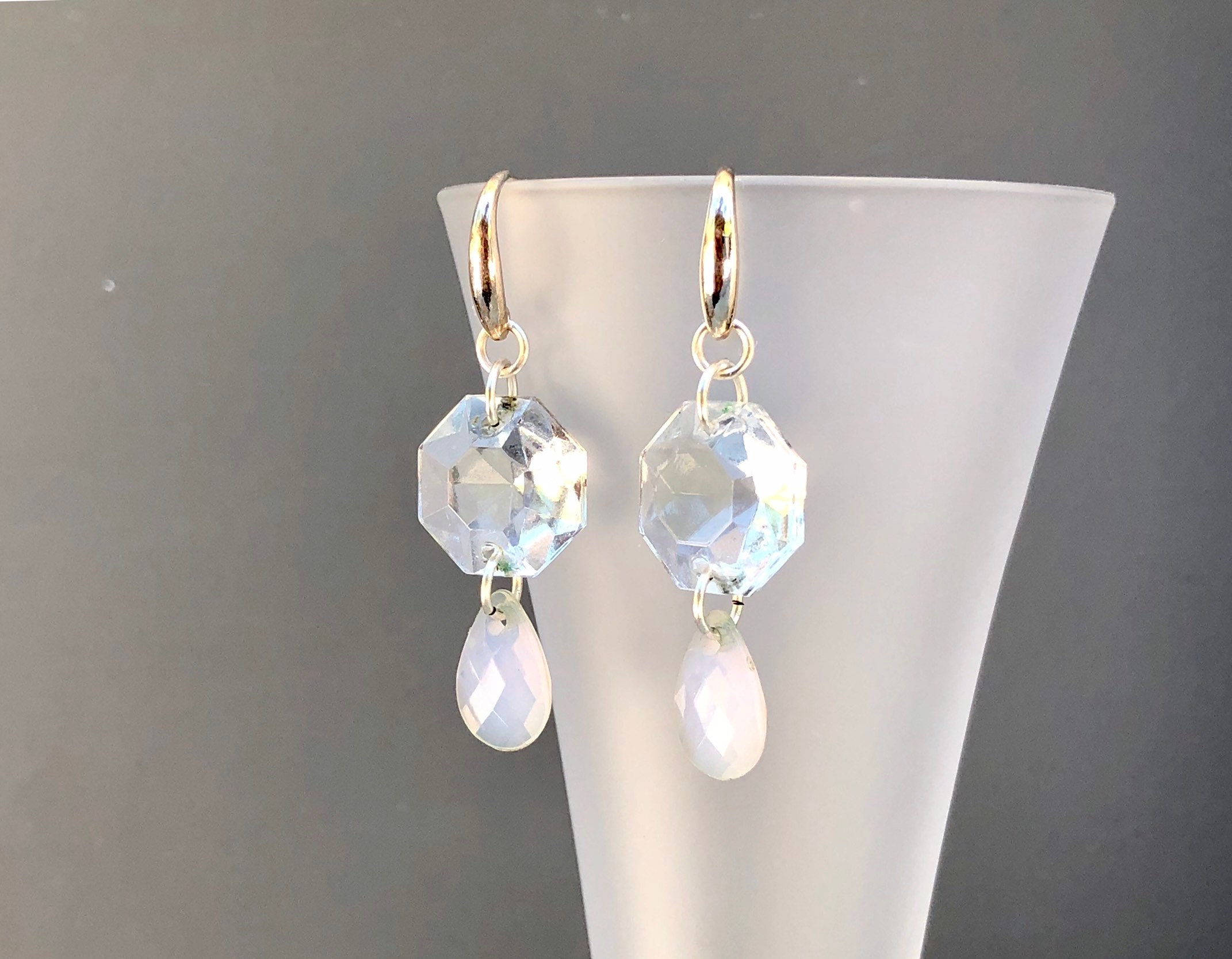Vintage Octagon Chandelier Crystal Earrings With Recycled Faceted Milky ...
