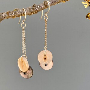 Vintage Shell Button Earrings, Antique Buttons, Peach & Grey, Dangle Drop Earrings, Silver Chain, Silver Ear Wires SBE435