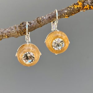 Vintage Rhinestone Peach Button Earrings on Silver Lever-back Ear Wires, BRE859