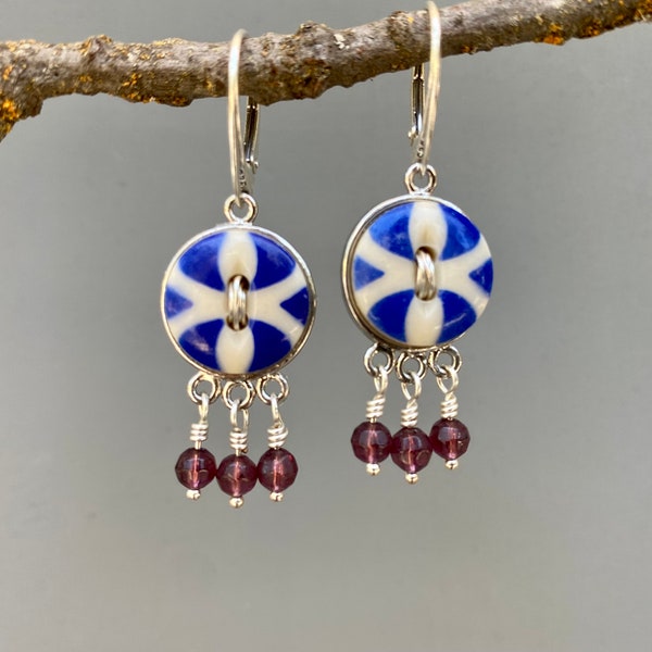 Antique Blue & Ivory China Stencil Button Earrings with Silver Wire "Thread" and Purple Bead Drops BSE886