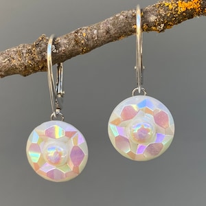 Vintage Aurora Borealis Glass Button Earrings with Sterling Silver Lever Back Ear Wires ABE773