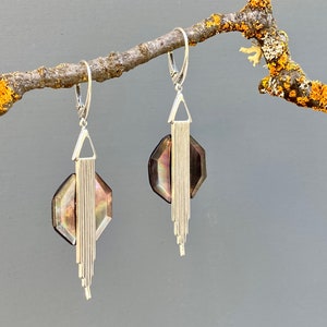 Antique Octagonal Mother of Pearl Button Earrings with Art Deco Accents & Sterling Silver Lever Back Ear Wires, MPE948