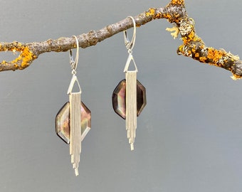 Antique Octagonal Mother of Pearl Button Earrings with Art Deco Accents & Sterling Silver Lever Back Ear Wires, MPE948