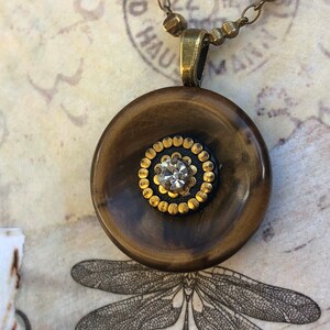 Stacked Button Pendant Necklace with Brown Marbled Button & Black Celluloid with Rhinestone Accent on Antique Brass Chain MPN630