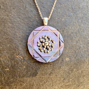 Antique Smoky Mother of Pearl Pendant Necklace with Cut Steel on 24&quot; Sterling Silver Twist Rope Chain CSN930