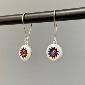 Antique White Button Earrings with Iridescent Crystals on Silver Kidney Ear Wires WBE14