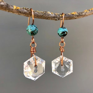 Clear Cut Glass Vintage Hexagon Button Earrings with Handmade Copper Ear Wires and Patina Beads CGE462